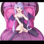  :d black_legwear blush breasts couch demon_tail demon_wings fang finger_to_tongue frilled_pillow frills highres horns letterboxed long_hair looking_at_viewer new_game! open_mouth pillow purple_eyes purple_hair shin'ya_mahiru sitting sleeveless small_breasts smile solo suzukaze_aoba tail thighhighs twintails wings 