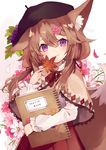  :3 animal_ear_fluff animal_ears beret brown_hair capelet english floral_background flower food fox_ears fox_tail fruit gradient gradient_background grapes hair_between_eyes hair_flower hair_ornament hairclip hat holding holding_leaf lace leaf long_hair long_sleeves looking_at_viewer low_twintails maple_leaf neck_ribbon original petals purple_eyes red_ribbon ribbon shirt shugao sketchbook skirt smile solo tail twintails upper_body white_shirt 