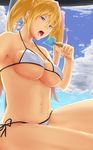  angelica_ainsworth bad_id bad_pixiv_id bikini blonde_hair blue_eyes blue_sky breasts cloud day fate/kaleid_liner_prisma_illya fate_(series) food groin highres large_breasts long_hair navel nevius open_mouth popsicle saliva sexually_suggestive side-tie_bikini sky solo swimsuit teeth twintails underboob white_bikini 