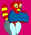  2016 anthro big_breasts blush breasts clothed clothing digital_media_(artwork) erect_nipples female fur huge_breasts mammal mr.under multicolored_fur nipples open_mouth red_panda simple_background skimpy solo surprise thick_thighs wide_hips 