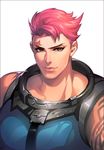 arm_tattoo closed_mouth eyeliner green_eyes looking_at_viewer makeup muscle muscular_female nose overwatch pink_hair scar scar_across_eye short_hair simple_background sleeveless solo tattoo undercut upper_body white_background yaksa444 zarya_(overwatch) 