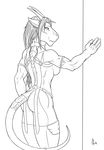  2014 4_fingers anthro aurancreations clothed clothing dragon ear_piercing feline female fur hair hybrid line_art mammal panther piercing safira solo standing wide_hips 