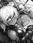  :t bare_shoulders bread breasts commentary_request dark_elf dark_skin de-chan_(lolicept) detached_sleeves dutch_angle eating elbow_gloves elf eyebrows_visible_through_hair fingerless_gloves food from_above from_side gloves greyscale lolicept long_sleeves looking_at_viewer looking_to_the_side md5_mismatch medium_breasts monochrome original pointy_ears short_hair sitting skindentation solo teapot window 