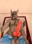  animal_genitalia anthro big_penis black_fur bossman1969 canine clothed clothing fur knot looking_at_viewer male mammal pants_down partially_clothed penis perspective poking_out red_penis 