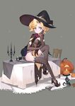  bad_id bad_pixiv_id belt blonde_hair bracelet candle candlestand chair elbow_gloves gloves grey_eyes high_heels highres jack-o'-lantern jewelry knee_up mercy_(overwatch) no_panties overwatch pumpkin rabbit_(tukenitian) short_hair side_slit sitting smile solo table thighhighs witch witch_mercy 
