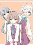  1koma 3girls ahoge aqua_neckwear asashimo_(kantai_collection) ascot bangs blouse blue_eyes blush brown_hair comic commentary dress eyebrows_visible_through_hair frown goma_(yoku_yatta_hou_jane) grey_eyes grey_hair hair_between_eyes hair_over_one_eye hair_ribbon highres kantai_collection kazagumo_(kantai_collection) kiyoshimo_(kantai_collection) multiple_girls necktie outline pantyhose pleated_dress ponytail ribbon simple_background sitting sleeveless sleeveless_dress swept_bangs white_outline 