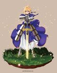  ahoge armor armored_dress artoria_pendragon_(all) blonde_hair excalibur fate/stay_night fate_(series) grass green_eyes grey_background highres planted_sword planted_weapon saber solo spiz sword type-moon watermark weapon web_address 