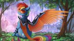  blue_fur cutie_mark detailed_background equine eyewear feathered_wings feathers female feral friendship_is_magic fur goggles grass hair hi_res looking_at_viewer looking_back mammal mechanical_wings multicolored_hair my_little_pony nude pegasus rainbow_dash_(mlp) rainbow_hair sitting smile solo tree wings yakovlev-vad 