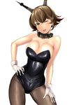  ;d bangs bare_arms bare_shoulders black_leotard blush breasts brown_hair brown_legwear cleavage collar contrapposto eyebrows eyebrows_visible_through_hair gloves green_eyes hand_on_hip hand_on_thigh head_tilt headgear highres kantai_collection large_breasts leotard looking_at_viewer mutsu_(kantai_collection) one_eye_closed open_mouth pantyhose playboy_bunny_leotard shiny shiny_skin short_hair simple_background smile solo standing strapless strapless_leotard wa_(genryusui) white_background white_gloves 