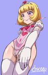  artist_name bare_shoulders blonde_hair blush bob_cut covered_navel digimon digimon_universe:_appli_monsters elbow_gloves from_below gloves heart highres kashiki_ai leotard lipstick makeup partially_visible_vulva pink_leotard purple_background shikapu short_hair smile solo thighhighs tiara white_gloves white_legwear 