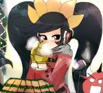  1girl ashley_(warioware) bangs black_hair blush byte_(grunty-hag1) christmas_lights christmas_tree coat demon earmuffs fang gloves hair_ornament horns jacket long_hair long_sleeves nintendo polearm red_(warioware) red_coat red_eyes scarf skull trident twintails upper_body very_long_hair visible_air warioware weapon 