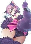  absurdres animal_ears ass bare_shoulders beriko_(dotera_house) black_panties breasts claws dangerous_beast fate/grand_order fate_(series) glasses halloween_costume highres looking_at_viewer looking_back mash_kyrielight medium_breasts panties purple_eyes purple_hair purple_legwear short_hair simple_background solo tail thighhighs thighs trefoil underwear white_background wide_hips wolf_ears wolf_tail 