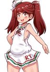  arm_behind_back armpits belly blush cosplay dress eyebrows eyebrows_visible_through_hair flat_chest kantai_collection libeccio_(kantai_collection) libeccio_(kantai_collection)_(cosplay) long_hair plump red_eyes red_hair ryuujou_(kantai_collection) sailor_dress skirt solo thick_thighs thighs twintails wavy_mouth yukinojou_yakan 