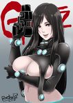  black_eyes black_hair blush breast_hold breasts butcha-u commentary_request covering covering_breasts dated gantz gantz_suit gun holding holding_gun holding_weapon large_breasts long_hair navel parted_lips shimohira_reika sideboob sidelocks signature smile solo stomach straight_hair underboob upper_body weapon 