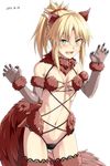  2016 :d alternate_color animal_ears ass_visible_through_thighs black_panties blonde_hair braid breasts claw_pose claws commentary_request cosplay cowboy_shot dangerous_beast dated elbow_gloves fang fate/apocrypha fate/grand_order fate_(series) french_braid fur gloves green_eyes grey_gloves hair_ribbon halloween halloween_costume lace lace-trimmed_thighhighs leaning_forward mash_kyrielight mash_kyrielight_(cosplay) mordred_(fate) mordred_(fate)_(all) navel o-ring o-ring_top open_mouth panties paw_pose ponytail red_legwear red_ribbon ribbon shiseki_hirame sidelocks small_breasts smile solo stomach tail thighhighs underwear v-shaped_eyebrows white_background wolf_ears wolf_tail 