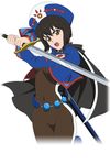  black_hair bob_cut bodysuit brown_eyes cape chloe_valens covered_navel hat holding holding_sword holding_weapon looking_at_viewer official_art short_hair solo sword tales_of_(series) tales_of_legendia tales_of_link very_short_hair weapon 