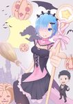  1girl akatsuki_(m12778387) black_hair blue_eyes blue_hair breasts broom broom_riding dress hair_ornament hair_over_one_eye halloween headdress highres looking_at_viewer natsuki_subaru pantyhose pumpkin re:zero_kara_hajimeru_isekai_seikatsu rem_(re:zero) short_hair small_breasts smile 