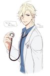  ahoge artist_name blonde_hair blue_eyes blue_shirt character_name collarbone collared_shirt doctor dress_shirt english gearous genderswap genderswap_(ftm) hand_up holding labcoat long_sleeves looking_at_viewer male_focus mercy_(overwatch) open_mouth overwatch pencil pocket shirt simple_background solo speech_bubble stethoscope talking unbuttoned upper_body white_background 