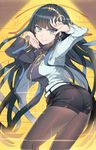  ass black_hair bracelet breasts cleopatra_(fate/grand_order) cow_(shadow) earrings fate/grand_order fate_(series) green_eyes hairband hieroglyphics highres jewelry long_hair medium_breasts pantyhose pantyhose_under_shorts ring ring_necklace shorts smile solo thumb_ring yellow_hairband 