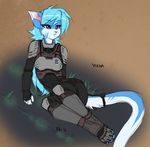  2016 anthro armor blue_fur blue_hair cat chest_tuft clothed clothing digital_media_(artwork) english_text feline female fluff-kevlar fur hair mammal military multicolored_fur pink_eyes sad simple_background solo text tuft two_tone_fur uniform vikna white_fur 