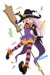  absurdres arche_klein bracelet broom candy food full_body gloves hat highres jewelry long_hair looking_at_viewer official_art open_mouth pink_eyes pink_hair pointy_shoes puffy_pants shoes solo striped striped_legwear tales_of_(series) tales_of_link tales_of_phantasia witch_hat 