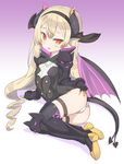  ass black_gloves black_legwear blonde_hair blush boots camilla_regina claws commentary_request cosplay drill_hair fake_horns fang from_behind full_body gloves hairband head_wings highres horns lo_xueming long_hair looking_at_viewer looking_back open_mouth pointy_ears pop-up_story red_eyes solo thighhighs vampire volteria_dig_platidity volteria_dig_platidity_(cosplay) 