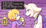  ambiguous_gender anthro blush boss_monster caprine clothed clothing detailed_background digital_media_(artwork) duo english_text eyes_closed female fur goat hair hi_res horn human lever male mammal mi_lunuo_sterling monster protagonist_(undertale) ruins standing text toriel underground undertale video_games white_fur 