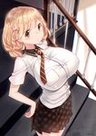  bad_id bad_pixiv_id breasts brown_eyes brown_hair cleavage covered_nipples goyain hair_ornament hairclip heart heart_hair_ornament highres huge_breasts impossible_clothes impossible_shirt indoors narusawa_ryouka necktie occultic;nine plaid plaid_skirt shirt short_hair skirt solo standing striped striped_neckwear 