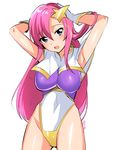  :d arm_behind_head armpits arms_up artist_name blue_eyes blush breasts capelet covered_navel gloves gundam gundam_seed gundam_seed_destiny hair_ornament highleg highleg_leotard impossible_clothes large_breasts leotard long_hair looking_at_viewer meer_campbell open_mouth pink_hair purple_leotard saikawa_yusa shiny shiny_clothes shiny_hair simple_background skin_tight smile solo star star_hair_ornament white_background white_leotard 