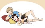  1girl :t arulumaya bag_of_chips barefoot brown_hair casual chin_rest chips commentary_request feeding food gran_(granblue_fantasy) granblue_fantasy hand_on_another's_stomach hand_on_own_stomach harvin height_difference lying mushi024 on_side open_mouth pointy_ears potato_chips shirt short_hair shorts spaghetti_strap t-shirt tank_top 