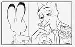  2016 anthro black_and_white canine clothed clothing disney duo female flower fox judy_hopps lagomorph licking male mammal mistermead monochrome nick_wilde plant rabbit tongue tongue_out zootopia 