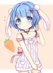  alternate_costume animal_ears blue_eyes blue_hair blush bunny_ears carrot choker cleavage_cutout cowboy_shot dress hair_ornament re:zero_kara_hajimeru_isekai_seikatsu rem_(re:zero) short_hair simple_background smile solo striped striped_dress sunameri_(pixiv3564245) x_hair_ornament 