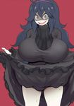  ahoge al_bhed_eyes alternate_breast_size black_hair blue_eyes breasts dress eyebrows eyebrows_visible_through_hair fingernails frilled_dress frills hairband hex_maniac_(pokemon) highres huge_breasts kedamono_kangoku-tou lifted_by_self long_hair messy_hair nervous_smile open_mouth pokemon pokemon_(game) purple_hairband red_background sharp_fingernails skirt skirt_lift solo sweat sweater thick_thighs thighs turtleneck turtleneck_sweater 