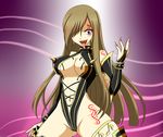  1girl alternate_costume artist_request ass bare_shoulders blue_eyes breasts bridal_gauntlets brown_hair constricted_pupils corruption dark_persona earrings evil_smile fangs fingernails hair_over_one_eye jewelry large_breasts leotard long_fingernails long_hair long_tongue looking_at_viewer musical_note open_mouth sharp_fingernails shiny shiny_clothes shiny_hair shiny_skin smile solo spikes succubus tales_of_(series) tales_of_the_abyss tattoo tear_grants thighhighs thong_leotard tongue tongue_out very_long_hair 