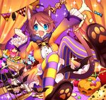  :d ahoge animal_ears apple bangs basket bat bell birdcage blue_eyes blush bow bowtie breasts brown_bow brown_footwear brown_hair brown_neckwear cage candy cat_ears cat_tail clenched_hand cracker curtains dress food frilled_sleeves frills fruit hair_between_eyes halloween heart highres jack-o'-lantern jingle_bell lollipop long_sleeves medium_breasts mismatched_legwear open_mouth orange_dress original outstretched_arm paw_print sakura_chiyo_(konachi000) shoes short_hair sitting smile sparkle striped striped_legwear swept_bangs tail thighhighs vertical-striped_legwear vertical_stripes wrapped_candy 