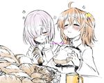  blush bread closed_eyes croissant cup eating fate/grand_order fate_(series) flower food fujimaru_ritsuka_(female) glasses hair_over_one_eye hand_on_own_cheek mash_kyrielight mug multiple_girls orange_hair purple_hair shino-o short_hair short_ponytail side_ponytail 