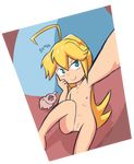  1girl 8horns animal blonde_hair closed_mouth doronjo flat_chest leopard_(yatterman) long_hair nipples nude pig pussy self_shot shiny shiny_hair sitting smile time_bokan_(series) uncensored yatterman yoru_no_yatterman 