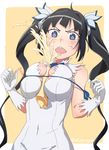  ahoge between_breasts black_hair blue_bow blue_eyes blue_neckwear blue_ribbon blush border bow bowtie breasts covered_navel dress dungeon_ni_deai_wo_motomeru_no_wa_machigatteiru_darou_ka food food_on_face gloves heart heart-shaped_pupils hestia_(danmachi) long_hair mayonnaise medium_breasts outside_border rei_no_himo ribbon sexually_suggestive simple_background sleeveless sleeveless_dress solo squeeze_bottle suggestive_fluid symbol-shaped_pupils takasugi_yasu twintails twitter_username very_long_hair white_dress white_gloves yellow_background 