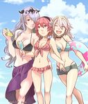  bikini_top breasts camilla_(fire_emblem_if) cleavage closed_eyes cloud day drink drinking_straw female_my_unit_(fire_emblem_if) fire_emblem fire_emblem_if frilled_bikini frills front-tie_top hair_over_one_eye hairband innertube kona_(silent913) large_breasts long_hair mamkute medium_breasts multiple_girls my_unit_(fire_emblem_if) navel open_mouth parted_lips pink_hair purple_eyes sarong short_shorts shorts skindentation sky smile soleil_(fire_emblem_if) striped striped_bikini swimsuit 