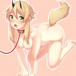  :o all_fours artist_name ass bad_id bad_pixiv_id blonde_hair breasts collar collarbone dog_tail fang green_eyes hair_between_eyes highres horns leash medium_breasts nipples nude open_mouth original outline phantasy_star phantasy_star_online_2 pink_background polka_dot polka_dot_background sakura_chiyo_(konachi000) short_hair_with_long_locks solo tail twitter_username 