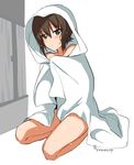  blush brown_eyes brown_hair girls_und_panzer looking_at_viewer naked_towel nishizumi_maho saikawa_yusa short_hair sitting solo towel twitter_username wet white_background 