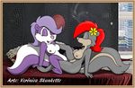  2014 anthro bed breasts duo eyes_closed female female/female fifi_la_fume flower fluffy fluffy_tail fur hair mammal nipples nude open_mouth paws plant purple_hair red_hair sex sitting skunk smile spread_legs spreading tiny_toon_adventures tongue tribadism veronica_skunkette veronicaskunkette warner_brothers 