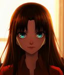  absurdres artist_name black_hair blue_eyes curtains evening fate/stay_night fate_(series) hair_down highres indoors kaneko_xz lips long_hair looking_at_viewer orange_(color) red_shirt shiny shiny_hair shirt smile solo sunset toosaka_rin twilight window 