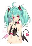  ahoge artist_name bad_id bad_twitter_id bat_wings blue_hair bottomless bustier byulzzimon corset demon_girl flat_chest groin horns long_hair low_wings navel original out-of-frame_censoring pointy_ears red_eyes solo succubus tail tattoo twintails upper_body wings 