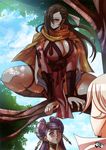 breasts brown_eyes brown_hair cleavage fire_emblem fire_emblem_if hair_over_one_eye heart heart-shaped_pupils implied_pantyshot in_tree jadenkaiba kagerou_(fire_emblem_if) large_breasts long_hair mamkute multiple_girls my_unit_(fire_emblem_if) ninja orochi_(fire_emblem_if) ponytail scarf symbol-shaped_pupils tree 