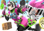  ;d absurdres alternate_costume arm_cannon armor bangs belt bikini_armor black_footwear bodysuit boobplate boots bracer breastplate breasts brown_hair clash_kuro_neko cosplay cowboy_shot cube d.va_(overwatch) facepaint facial_mark gashacon_breaker gatling_gun gloves gun hammer headphones helmet highres holding holding_weapon kamen_rider kamen_rider_ex-aid kamen_rider_ex-aid_(cosplay) kamen_rider_ex-aid_(series) korean_clothes large_breasts leg_up long_hair long_sleeves mecha meka_(overwatch) mighty_action_x_level_2 one_eye_closed open_mouth overwatch pauldrons pink_bodysuit pink_gloves ribbed_bodysuit shoulder_pads skin_tight smile solo standing standing_on_one_leg thigh_boots thighhighs turtleneck weapon whisker_markings 