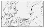  2016 anthro black_and_white canine caprine clothed clothing disney duo english_text fox goat mammal mistermead monochrome police_uniform text uniform zootopia 