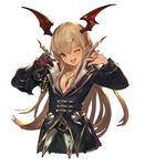  ;d alternate_costume bangs belt belt_buckle black_coat blonde_hair breasts buckle cosplay cropped_torso ear_clip eyelashes fang fingers_to_cheeks gauntlets granblue_fantasy head_tilt head_wings high_collar jewelry long_hair long_sleeves looking_at_viewer n.a. necklace one_eye_closed open_mouth pointy_ears red_eyes red_wings shadowverse shingeki_no_bahamut simple_background single_gauntlet small_breasts smile solo urias_(shadowverse) urias_(shadowverse)_(cosplay) vampy white_background wings 