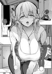  1girl :d bent_over blush breasts cleavage comic greyscale headphones highres jewelry large_breasts long_hair looking_at_viewer miyamoto_issa monochrome necklace nitroplus open_mouth smile super_sonico 