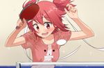  animal_print ball blush bone_hair_ornament commentary_request dog_print flying_sweatdrops hair_ribbon highres omaru_gyuunyuu open_mouth paddle red_eyes red_hair ribbon shakunetsu_no_takkyuu_musume shirt short_hair short_twintails smile solo sweat table_tennis table_tennis_ball table_tennis_net table_tennis_paddle tsumujikaze_koyori twintails wet wet_clothes 